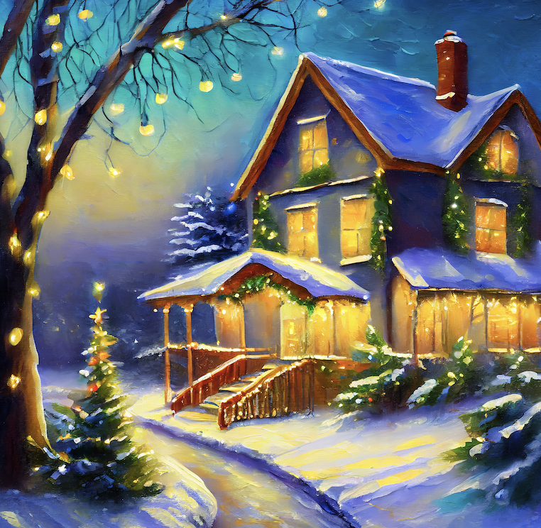 Christmas lights on a house, tress ans bushes in the evening with a snow covered yard. Photo by Adobe Firefly.