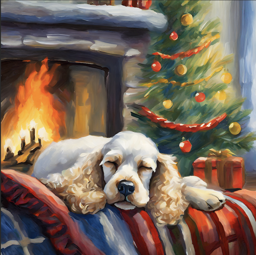 Christmas living room with a Cocker Spaniel sleeping on a blanket in front of a warm fire. Photo by Adobe Firefly.