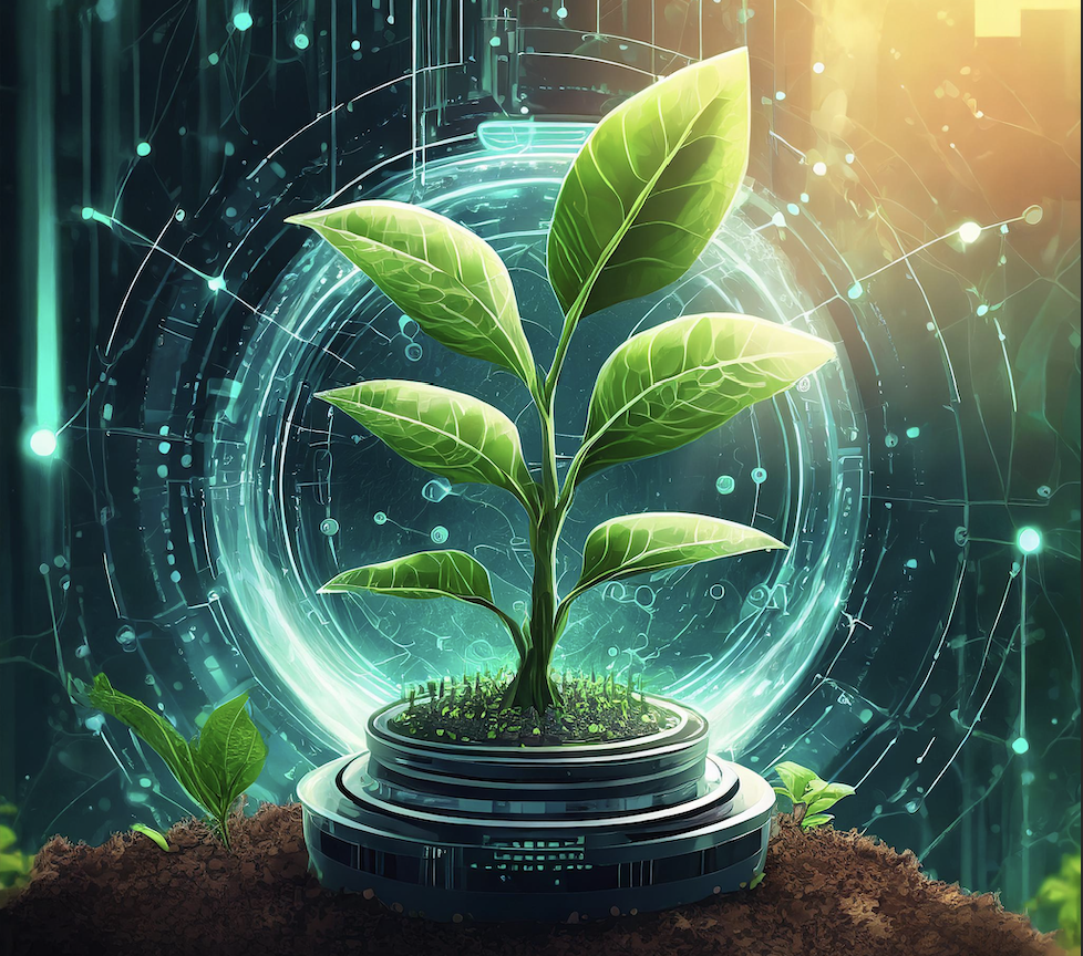 Keep Growing - Green plant growing in the glow of technological advancement.
