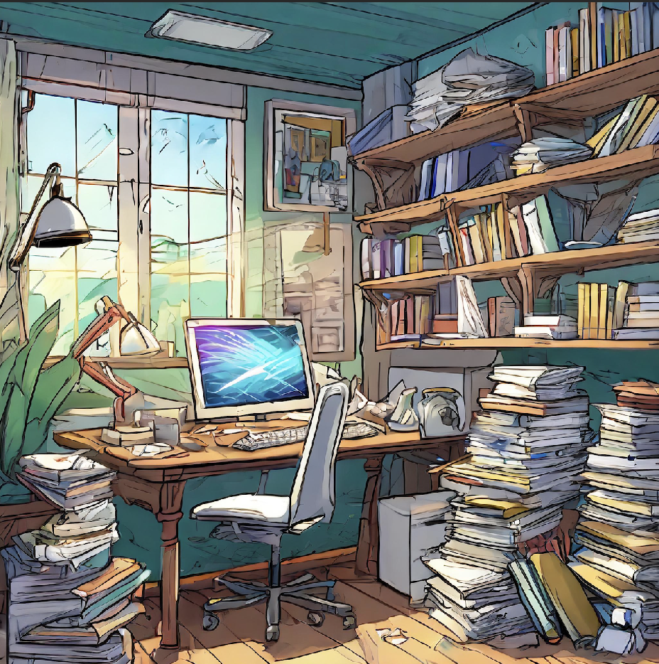 Office with clutter and bookshelves full of books.