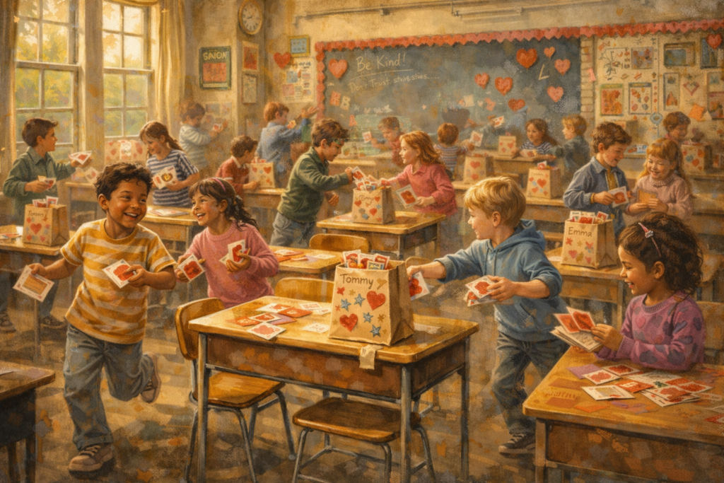 A warm, Norman Rockwell–inspired illustration of a lively elementary school classroom during Valentine’s Day. Diverse children in colorful, varied clothing run between desks delivering small Valentine cards to decorated brown paper bag “mailboxes.” Sunlight streams through tall windows, casting a golden glow across heart-covered bulletin boards and smiling faces as kids laugh and connect in joyful chaos.